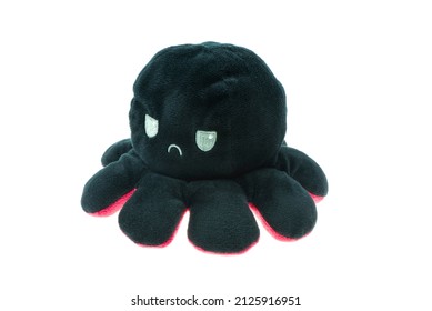 Angry Black Octopus Cute Doll Isolated On The White Background.