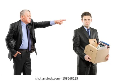 An Angry Boss Firing A Man Carrying A Box Of Personal Items Isolated On White Background