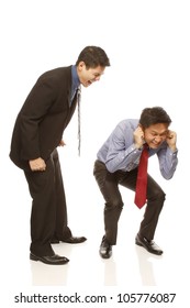 An Angry Boss Shouting At His Staff (isolated On White)