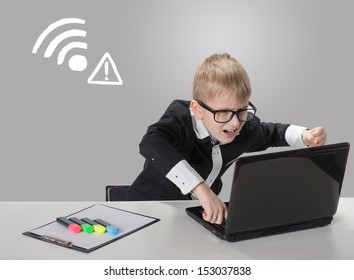 Angry Boy With Laptop. Connection Closed. No Wireless Connection Available. 