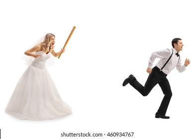 Angry bride chasing the groom with a baseball bat isolated on white background