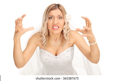 Angry bride threatening to strangle someone and looking at the camera isolated on white background