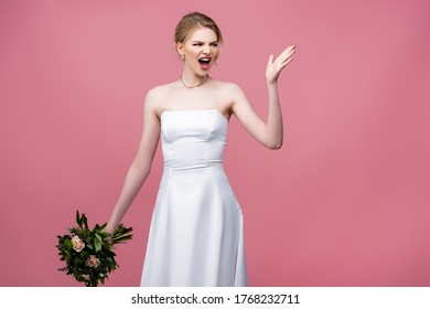 angry bride in white wedding dress holding flowers and gesturing on pink