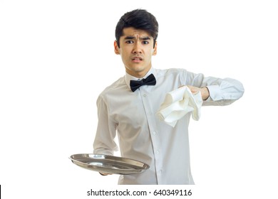 Angry Brunette Male Waiter With Tray In His Hands