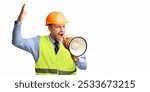 Angry Builder Worker Shouting In Megaphone Standing Over White Studio Background. Construction Site Concept