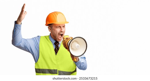 Angry Builder Worker Shouting In Megaphone Standing Over White Studio Background. Construction Site Concept - Powered by Shutterstock