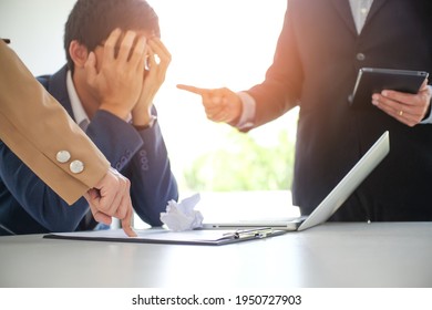 Angry Boss  Bullying With An Out Of Control Boss Shouting To A Stressed Employee. Anger Issues And Stress Office Bullies