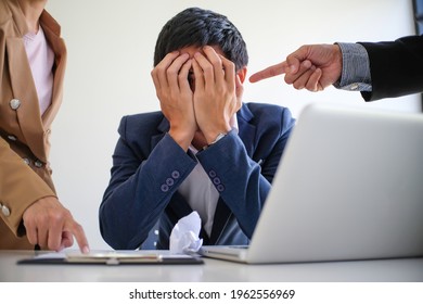 Angry Boss  Bullying With An Out Of Control Boss Shouting To A Stressed Employee. Anger Issues And Stress Office Bullies