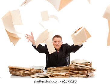 Angry Business Man Throwing Away Lots Of Paperwork