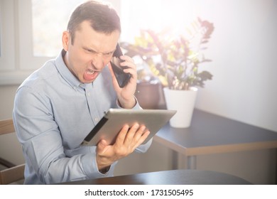 Angry Business Person, Talking On The Phone, Arguing, Tense Frustrated Employee Arguing On A Mobile Phone, Solving An Online Problem With Technical Support, Complaining About Poor Service