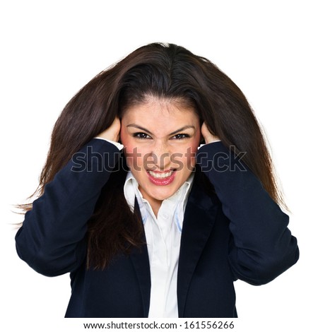 Angry business woman pulling hair. Isolated over white background.