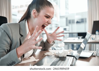 Angry, business woman and scream at computer from stress, burnout and frustration at company report. Female person, hands and shouting at tech with glitch in office for panic at proposal deadline - Powered by Shutterstock