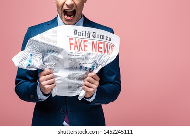 Angry Businessman Crumpling Newspaper Fake News Stock Photo 1452245111 