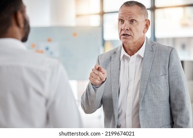 Angry Businessman, Finger Pointing Or Argument Or Fight At Workplace After Misunderstanding. Leader, Ceo Or Boss Unhappy With Work Of Employee, Arguing Or Fighting, Conflict Or Performance Review.