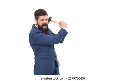 Angry Businessman Holding Hammer Studio. Businessman Shouting In Anger. Business Problem