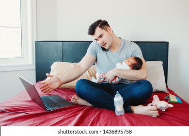 Angry Busy Caucasian Father With Newborn Asian Chinese Baby Working From Home. Male Man Parent Holding Child Daughter Son Talking Over Phone. Single Dad Family. Genderblend Concept