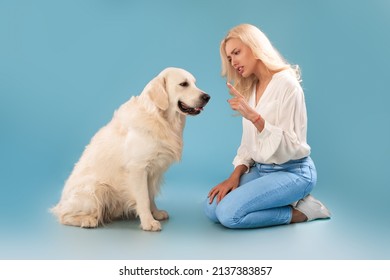Angry caucasian blonde woman scolding her dog blaming labrador for bad behaviour, pointing wagging finger sitting on floor isolated on blue studio background wall, banner, profile side view portrait