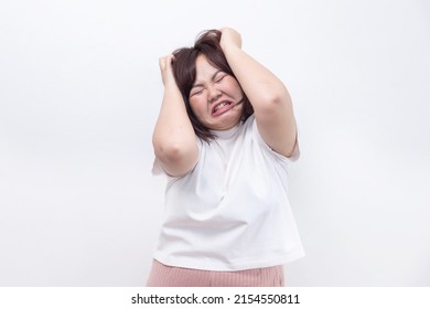 Angry Chubby Asian Woman Grab Her Head Upset Feeling