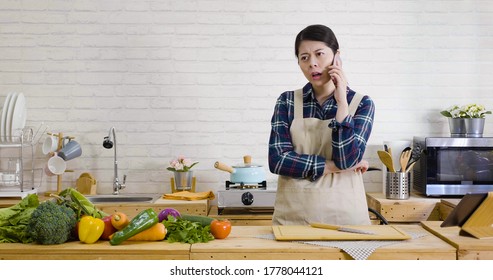 Angry Confident Housewife Arguing While Talking On Cellphone. Annoyed Asian Woman Having Conflict During Smartphone Conversation In Kitchen. Dissatisfied Mom Shouting To Mobile Phone While Cooking