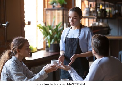 Angry Couple Client Talk Dispute With Millennial Waitress Feel Dissatisfied With Cafe Bad Service, Mad Disappointed Customers Speak With Staff Complain About Wrong Order, Blame In Incompetence