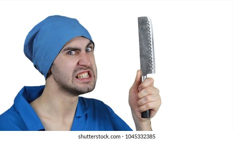 Angry crazy bearded doctor with a butcher knife