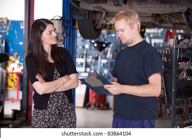 An Angry Customer Talking To A Mechanic In An Auto Repair Shop