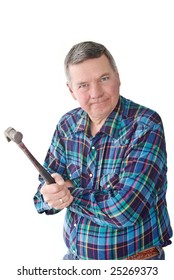 Angry DIYer Holding Hammer, Isolated On A White Background.