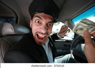 Angry driver with dollar bills.