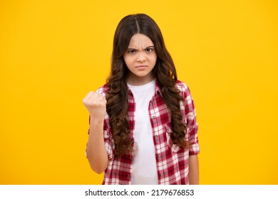 Angry Face, Upset Emotions Of Teenager Girl. Angry Portrait Young Girl Having Nervous Breakdow. Negative Kids Emotions Facial Expressions Feelings, Bad Attitude.