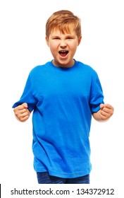 Angry Fat Boy With Screaming Expression Holding Fists Standing Isolated On White