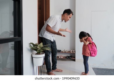 Angry Father Confront His Kid After School. Asian Primary Student Problem. Abusive Parent With Daughter