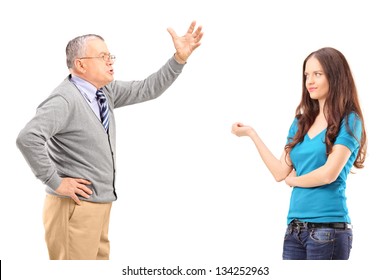 An Angry Father Reprimanding His Daughter Isolated On White Background