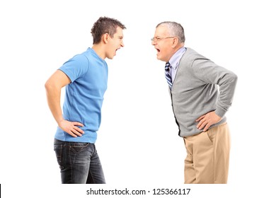 Angry father and son having an argument, isolated on white background
