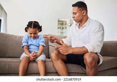 Angry, Father With Tablet And Kid Conflict, Upset And Serious Scolding, No Screen Time With Sad Child And Frustrated Parent Pointing. Family Stress, Bad Behavior And Distress, Guilt And Annoyed.