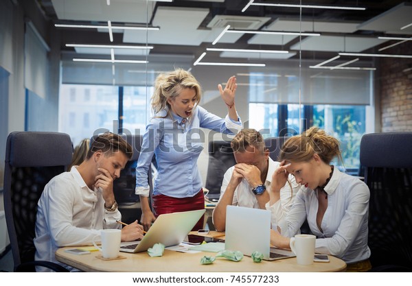 Angry Female Boss Yelling Employees Stock Photo Edit No