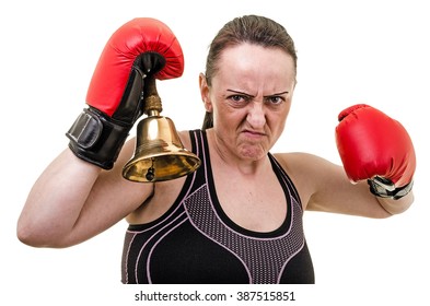 Angry female boxer ringing corner bell ready to fight. White background with copy space. - Powered by Shutterstock