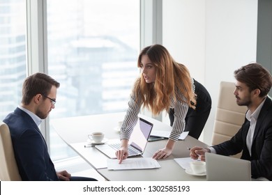 Angry Female Client Customer Worker Pointing At Mistake In Business Document Having Complaint Demanding Change In Terms Or Money Compensation Detect Fraud, Business Partners Contract Breach Concept