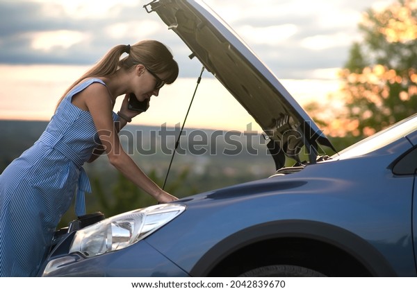 Angry
female driver speaking angrily on cell phone with assistance
service worker standing near a broken car with popped up hood while
inspecting engine having trouble with her
vehicle.