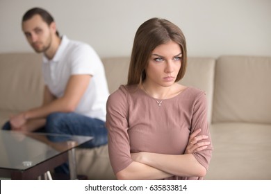 Angry Frustrated Woman With Arms Crossed, Dissatisfied With Bad Husband Behavior, Cant Stand It Any Longer, Fed Up, Feeling Affronted Indignant, Self-righteousness, Couple After Fight Not Talking