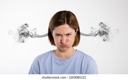 Angry Frustrated Woman With Exploding Head And Black Steam Coming Out Of His Ears On White Background	