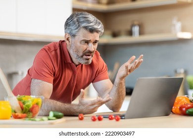 Angry Handsome Grey-haired Middle Aged Man Looking At Computer Screen, Gesturing While Cooking Alone At Home, Husband Having Difficulties While Preparing Meal, Reading Recipe On Internet, Copy Space