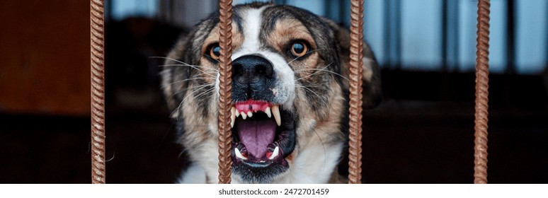 Angry homeless dog in an animal shelter. Portrait of an angry dog ​​in a cage at an animal shelter. Dog behind the fence - Powered by Shutterstock