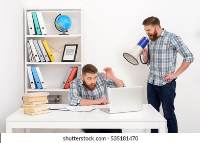 Angry Irritated Boss Yelling In Loudspeaker At His Clone Employee In Office