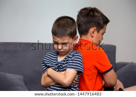 Angry kid offended not talking ignoring brother after fight, jealous kid brother avoiding preschool boy , siblings bad relationships, two children conflict