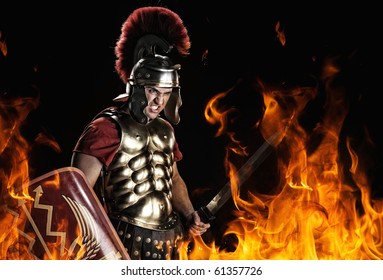 Angry legionary soldier in the fire