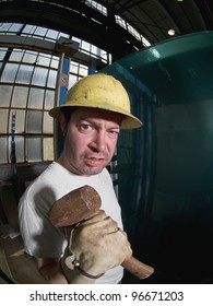 Angry Male Construction Worker With Hammer, Fisheye