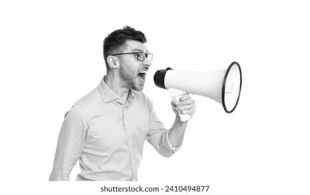 angry man announcing with megaphone isolated on white background. man announcing - Powered by Shutterstock