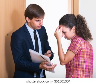 Angry Man Collector  And Scared Girl Standing Doorway