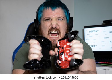 Angry Man Gamer Destroy Joypad In Pieces, Broken Joystick