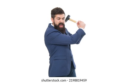 Angry Man Holding Hammer Studio. Professional Man Shouting In Anger. Business Problem